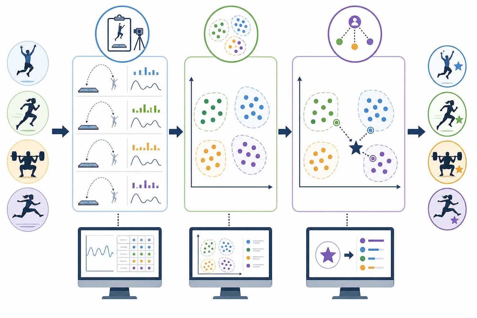 Pipeline visual de clustering y KNN en muestras de CMJ