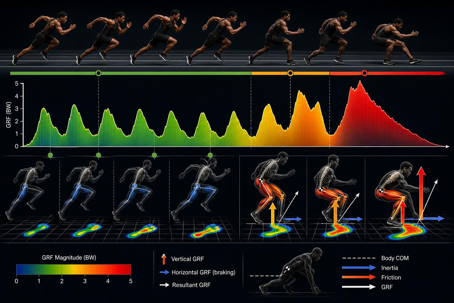 Diagrama de fuerzas GRF durante frenado en sprint + stop