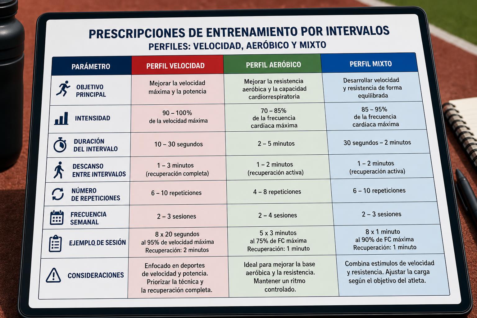 Tabla ejemplo de prescripciones diferentes según perfil para una sesión interválica